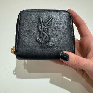 Auth YSL Yves Saint Laurent monogram black leather bifold wallet. used